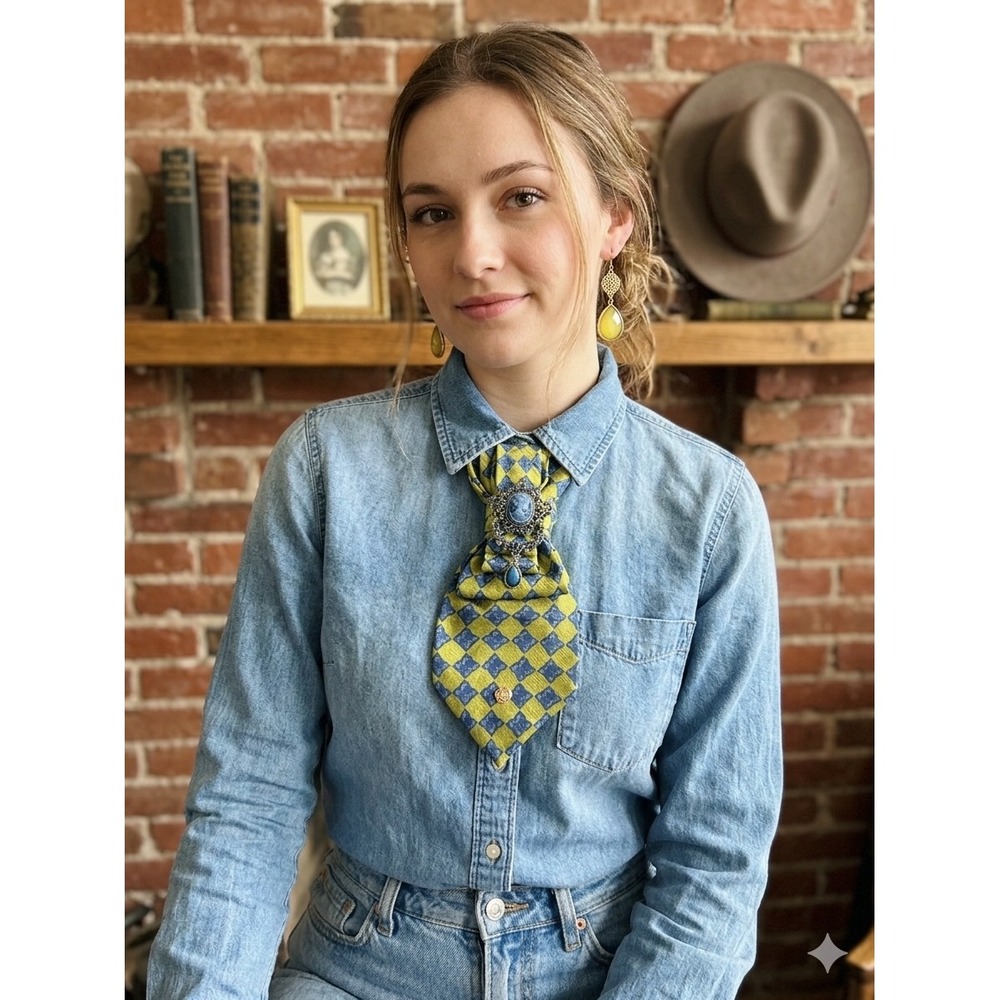 Robert Talbott Silk Cravat Necktie Blue Cameo Brooch & Yellow Teardrop Earrings